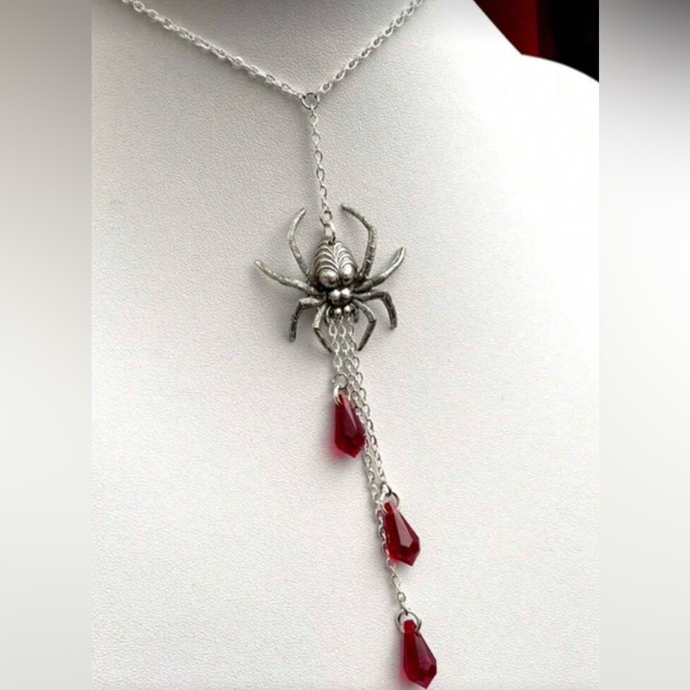 Gothic Spider Necklace with drop Red hanging jewels engraved detailing NWT - Picture 2 of 7